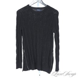 SIMPLE AND ELEGANT WOMENS POLO RALPH LAUREN BLACK CABLEKNIT SWEATER WITH SHEEPSKIN LEATHER TRIM SIDE ZIP S
