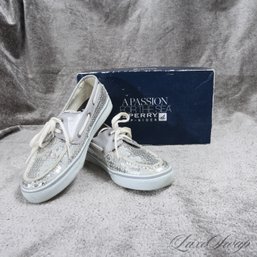 #20 NEAR MINT IN BOX SPERRY TOP SIDER 'BAHAMA' FULL SILVER SEQUIN ENCRUSTED DECK MOCCASIN SHOES 8