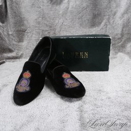 #23 ICONIC RALPH LAUREN 'NALA' BLACK VELVET CROWN HERALDIC CREST SMOKING LOAFERS SHOES 7.5