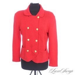HIGH IMPACT CAROLINA HERRERA MADE IN USA CHERRY RED STRETCH KNIT DB JACKET WITH GOLD CRYSTAL BUTTONS 14