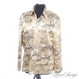 R&K EVENING 100 PERCENT PURE SILK CHAMPAGNE SATIN WOVEN ALLOVER FLORAL BROCADE DINNER JACKET 14
