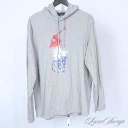 4TH OF JULY READY! MENS POLO RALPH LAUREN HEATHER GREY THIN HOODIE WITH USA FLAG OVERLAY BIG PONY XL