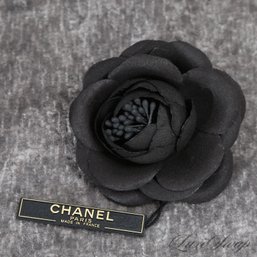 #2 AUTHENTIC BRAND NEW WITH TAGS AND EXCEPTIONAL CHANEL BLACK SILK CAMELIA FLOWER BROOCH