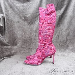#28 NEAR MINT IN BOX WHY.IT HOT PINK STRETCH JERSEY SATIN ALLOVER PUCCI ESQUE PRINT BOOTS 38 / 8