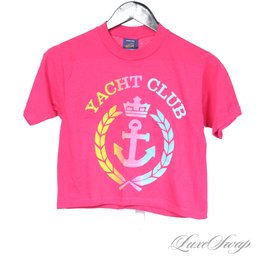 SO COOL! VINTAGE 1980S SNEAKERS TAG WOMENS HOT PINK 'YACHT CLUB' PUFF PAINT CROPPED TEE SHIRT M