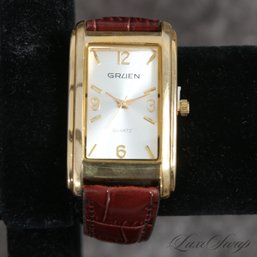 #11 A FANTASTIC CONDITION GRUEN GOLD TONE TANK AMERICAINE STYLE WATCH ON BORDEAUX ALLIGATOR PRINT STRAP