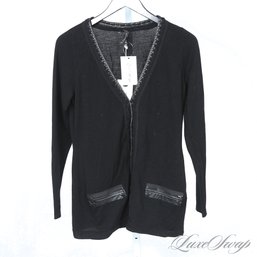 SUPER NICE BRAND NEW WITH TAGS SKULL CASHMERE BLACK KNITTED NAPPA LEATHER TRIM CARDIGAN JACKET FITS ABOUT M/L