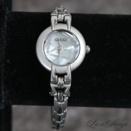 #14 A VINTAGE 1980S / 1990S GUCCI BRUSHED MATTE STEEL LINK BRACELET LADIES DINNER WATCH