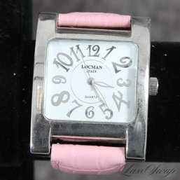 #17 A LARGE AND FANTASTIC LOCMAN OROLOGI ITALY SQUARE STAINLESS STEEL 'L246' WATCH ON PINK STRAP