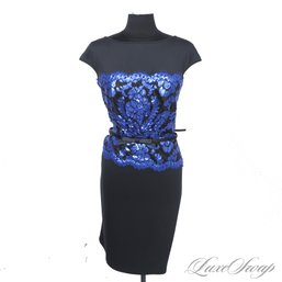 REALLY GOOD TADASHI SHOJI BLACK STRETCH SATEEN AND ROYAL BLUE SEQUIN EMBROIDERED COCKTAIL DRESS 8