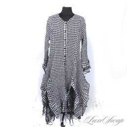 BRAND NEW WITH TAGS $200 JERRY T BLACK AND WHITE MAXI HOUNDSTOOTH CRIMPED CHIFFON HEM MAXI DRESS XL