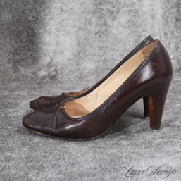 LOVE THIS GOLD MONOGRAM! GUCCI MADE IN ITALY BROWN LEATHER GOLD GG PLAQUE PUMPS SHOES 36 / 6