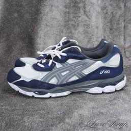 #12 SUPER RECENT AND MOST WANTED ASICS  NAVY BLUE SILVER AND WHITE MESH KNIT SNEAKERS 11.5