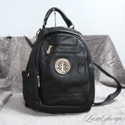 BRAND NEW WITH TAGS FULL SIZE BLACK GRAINED GOLD BIG MEDALLION BACKPACK BAG