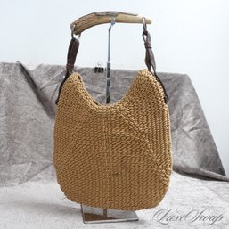THESE ARE A BIG THING! NEO VINTAGE EARLY 2000S YSL YVES SAINT LAURENT MOMBASA RAFFIA HOBO HORN HANDLE BAG