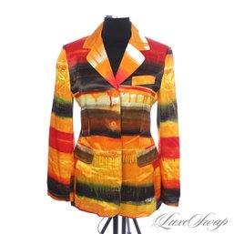 BOLD! MOSCHINO MADE IN ITALY VIBRANT SUNSET ORANGE / RED MULTI PRINT SATIN JACKET 10