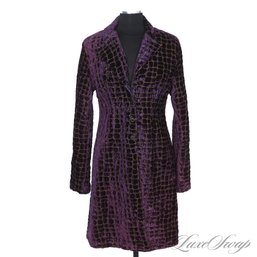 EXCEPTIONALLY NICE OHM ROYAL PURPLE CRUSHED VELVET EMBROIDERED ALLIGATOR PRINT LONG COAT M