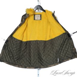 SMASHING! CI SONO ARMY GREEN CAMOUFLAGE CINCHWAIST PARKA COAT WITH BOLD YELLOW FAUX FUR LINING AND HOOD S