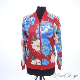 NEAR MINT ADIDAS WOMENS RED AND BLUE ALLOVER MULTI FLORAL SATIN 'FIREBIRD' JACKET S