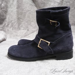 SUPER EXPENSIVE AND GREAT CONDITION WOMENS $900 JIMMY CHOO BLUE SUEDE DOUBLE ENGINEER BUCKLE BOOTS 42 / 12 USA