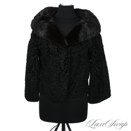 #3 EXCEPTIONAL VINTAGE BLACK ASTRAKHAN PERSIAN LAMB FUR JACKET WITH BROWN MINK COLLAR FITS ABOUT S/M