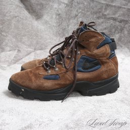 THESE ARE VERY MUCH A VIBE! MENS NIKE ACG ALL CONDITIONING GEAR BROWN SUEDE AND BLUE CANVAS MOUNTAIN BOOTS 10