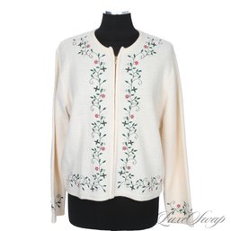 REALLY LOVELY KAREN SCOTT IVORY PURE WOOL KNITTED EMBROIDERED SWEATER JACKET L