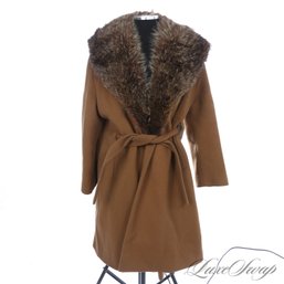 A DIVINE VINTAGE FORSTMANN VICUNA BROWN FLANNEL BELTED JACKET WITH GENUINE FUR COLLAR FITS ABOUT M