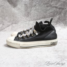 EXPENSIVE AND RECENT CHRISTIAN DIOR PARIS 'J'ADORE' BLACK LEATHER TRIM WHITE SOLE LOGO LACED SNEAKERS WOMENS
