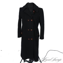 A VINTAGE ANONYMOUS QUALITY MADE WOMENS BLACK FLANNEL DOUBLE BREASTED BRIDGE COAT FITS ABOUT L
