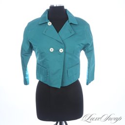 NEAR MINT AND ADORABLE PIAZZA SEMPIONE MADE IN ITALY PEACOCK BLUE SILK BLEND SATEEN CROPPED JACKET 40 EU