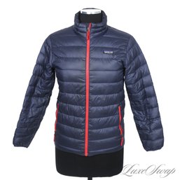 THESE ARE NOT CHEAP! PATAGONIA NAVY BLUE GOOSE DOWN FILLED QUILTED RED TRIM JACKET KIDS L