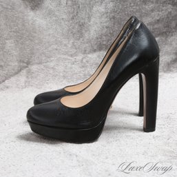 ABSOLUTELY PERFECT PRADA MAINLINE MADE IN ITALY BLACK GLAZED LEATHER PLATFORM PUMPS 37 / US 7