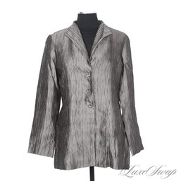 BEAUTIFUL AND SPRING PERFECT EILEEN FISHER 89 PERCENT SILK STEEL GREY CRIMPED UNSTRUCTURED JACKET S