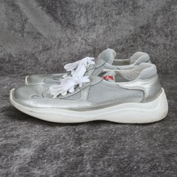 #2 THE ONES EVERYONE WANTS! GREAT CONDITION PRADA LUNA ROSSA SILVER LEATHER MESH SNEAKERS WOMENS 37.5 / US 7.5