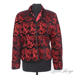 BRAND NEW WITH TAGS CARLISLE REVERSIBLE RUBY RED QUILTED SATIN / BLACK BURNOUT VELOUR FLORAL JACKET 14