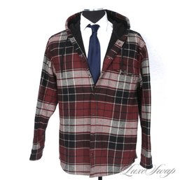 NEAR MINT MENS WOLVERINE BROWN / BLACK MULTI PLAID FLANNEL JACKET WITH FLEECE LINER AND HOOD L
