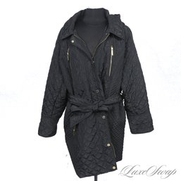 PLUS SIZE : MICHAEL KORS MODERN AND CURRENT BLACK DIAMOND QUILTED UNSTRUCTURED BELTED STORM COAT 3XL