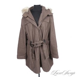 PLUS SIZE : NEAR MINT  LAUNDRY BY DESIGN HEAVYWEIGHT MOCHA TWEED AND IVORY FAUX FUR COLLAR COAT 3XL