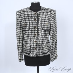 EXCEPTIONAL VINTAGE EVAN PICONE BLACK AND WHITE HOUNDSTOOTH TWEED GOLD BUTTON CHANEL STYLE JACKET 12