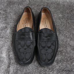 #17 MODERN AND AWESOME MENS COACH BLACK LEATHER AND JACQUARD MONOGRAM CANVAS DRIVING LOAFERS 8.5