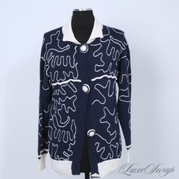 HIGHLY ORNATE WOMENS CHALLET MADE IN PERU NAVY BLUE WHITE SCRIBBLE EMBROIDERED SWEATER JACKET L