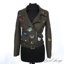 MODERN AND RECENT SIGNATURE EIGHT LODEN GREEN TWEED MOTORCYCLE JACKET WITH BUTTERFLY PATCHES S