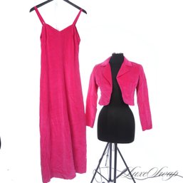 ANONYMOUS BUT CRAZY NICE VINTAGE 1960S HOT PINK VELVET DRESS AND CROPPED JACKET FITS ABOUT M