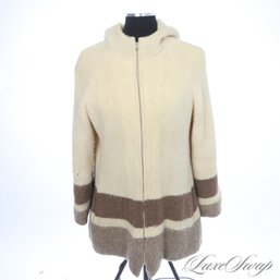 ICONIC HILDA LTD ICELANDIC WOOL IVORY DOUBLE STRIPE HOODED KNIT JACKET - FULLY LINED L