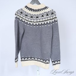 BOHO LUXE! VINTAGE WOMENS SLATE BLUE / IVORY MULTI HAND MADE TRADITIONAL NORDIC / FINNISH SWEATER FITS ABOUT S