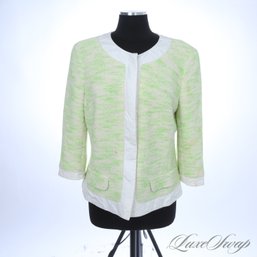 KILLER LAFAYETTE 148 NEW YORK WHITE AND NEON GREEN STREAKED SPRING TWEED BLAZER JACKET 14