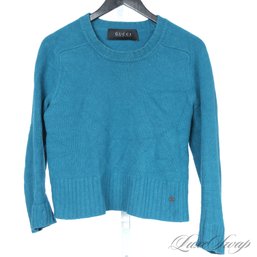 SUPER RECENT $1500 PLUS GUCCI MADE IN ITALY TEAL PEACOCK BLUE CROPPED THICK WOOL SWEATER W/ GG LOGO WOMENS XL