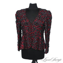 EXTRAORDINARILY EXPENSIVE CAROLINA HERRERA GARNET RED BLACK FULL CRYSTAL EMBROIDERED JACKET FITS ABOUT A L