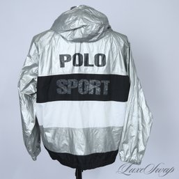 Y2K 2000S FANTASTIC MENS POLO SPORT RALPH LAUREN SILVER FOIL WHITE AND BLACK STRIP HOODED JACKET M